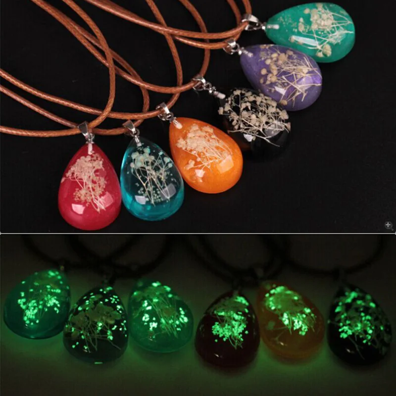 

Fashion necklace trend Resin dried flower drop shape pendant necklace Hainon wholesale Luminous necklace beautiful pattern, 6 color