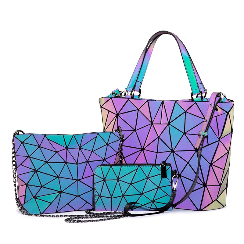 

Lovevook 2021 dropshipping women reflective hand bag set crossbody bags for lady Geometric luminous women purses and handbags