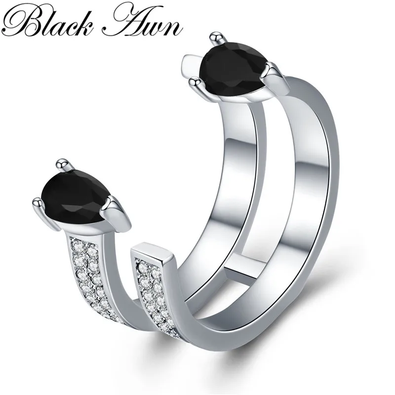 

[BLACK AWN] Cute 925 Sterling Silver Jewelry Black Spinel Elegant Engagement Rings for Women Open Finger Ring G061