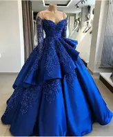 

ZH1511X Blue Ball Gown Prom Dress Long Sleeve 2019 Beaded Lace Layers Evening Gowns Cocktail Party Ball Quinceanera Formal Gown