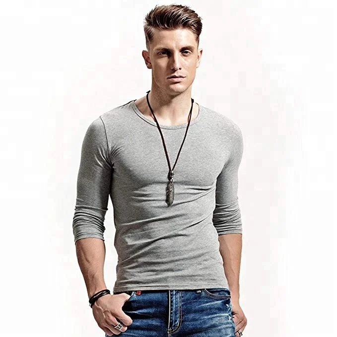 Fitting Mens Soft Stretchy Long Sleeves Athletic Muscle Cotton T Shirt