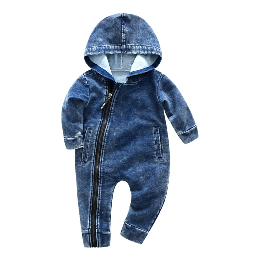 

Mudkingdom baby denim long sleeve spring autumn zipper romper with hood