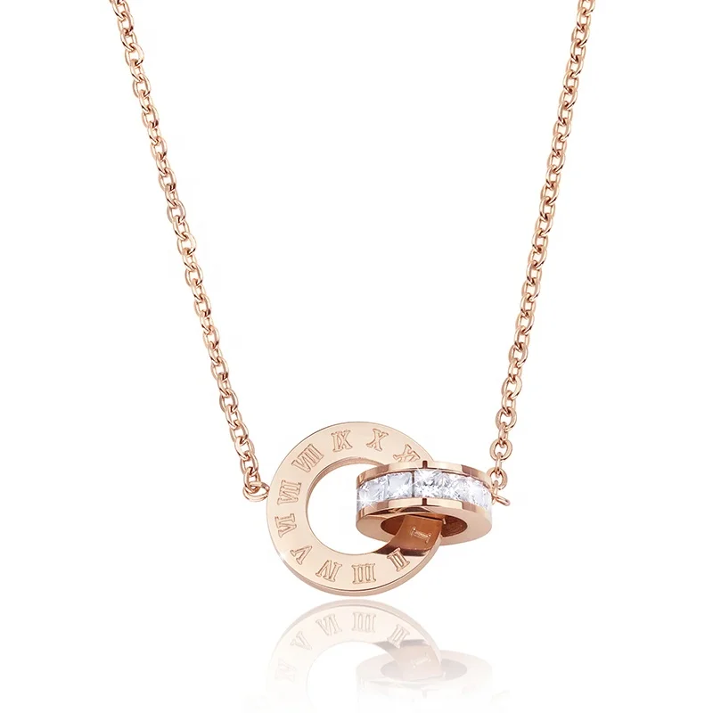 

Roman numeral jewelry Interlocking friendship gifts rose gold rhinestone zircon circle pendant stainless steel women necklace