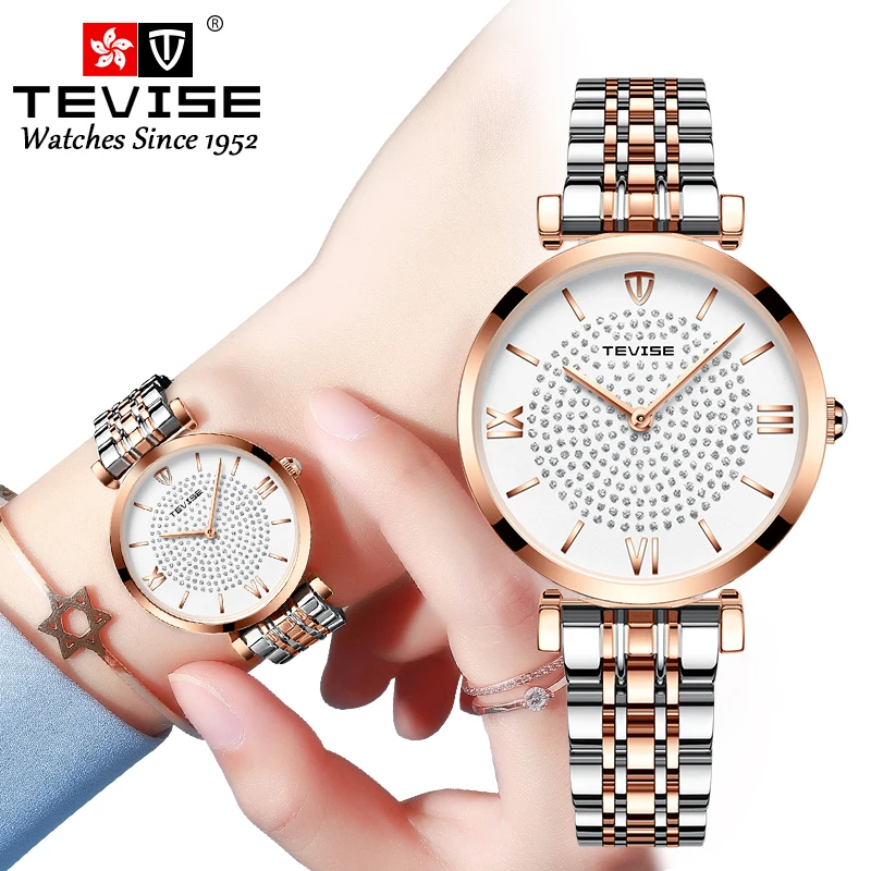 

TEVISE T09 Women Thin Dial Fashion Business Watches Stainless Steel Quartz Diamond Business Wristwatch, 3 colors