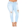PLS-003 OEM customized light blue denim trouser ripped pattern super skinny women Jeans