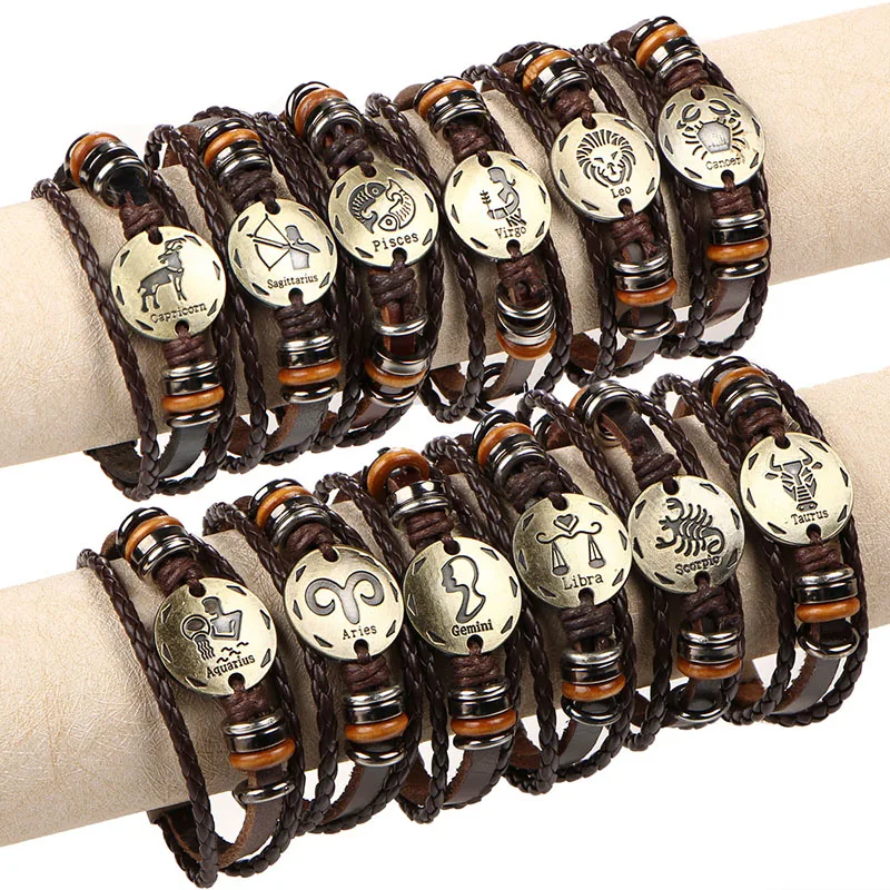 

Coppery 12 Zodiac Buckler Punk Lovers Weave Leather Bracelet, As photo
