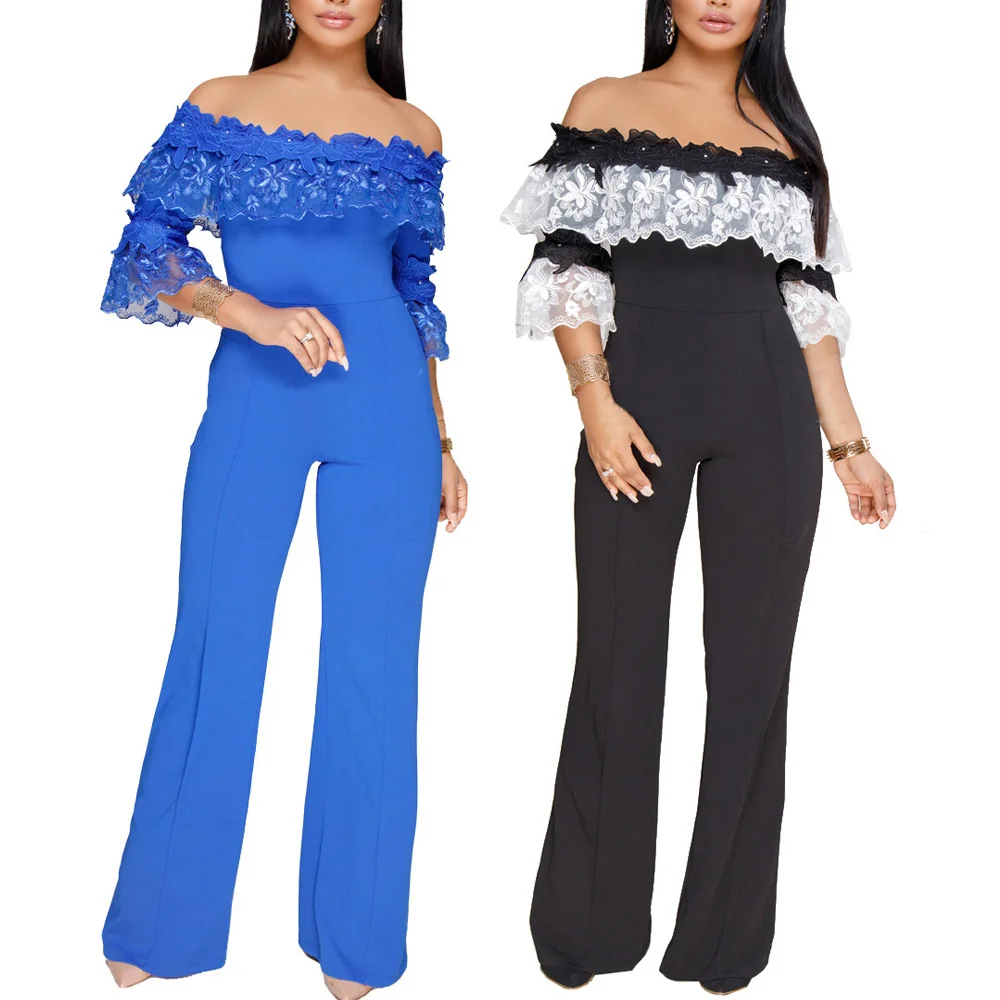 

80409-MX132 New design sehe fashion 2 colors off-shoulder lace sleeves jumpsuit for women