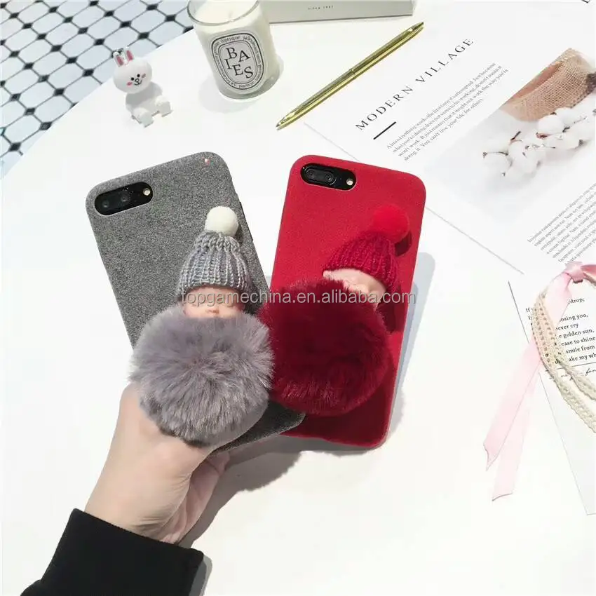 

Fashion Plush Baby Phone Case For Iphone8 8 Plus 6 6S Plus Funda Case Warm Rabbit Fur Ball DIY Luxury Back Cover
