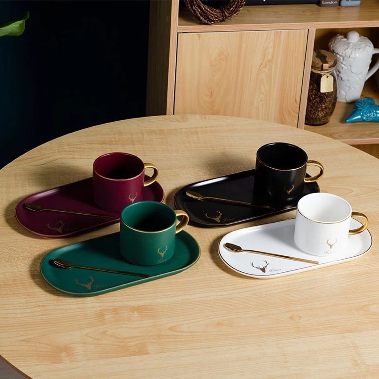 

European style multiple color matte glazed ceramic coffee cup with cake biscuit plate, Customized matt or shiny