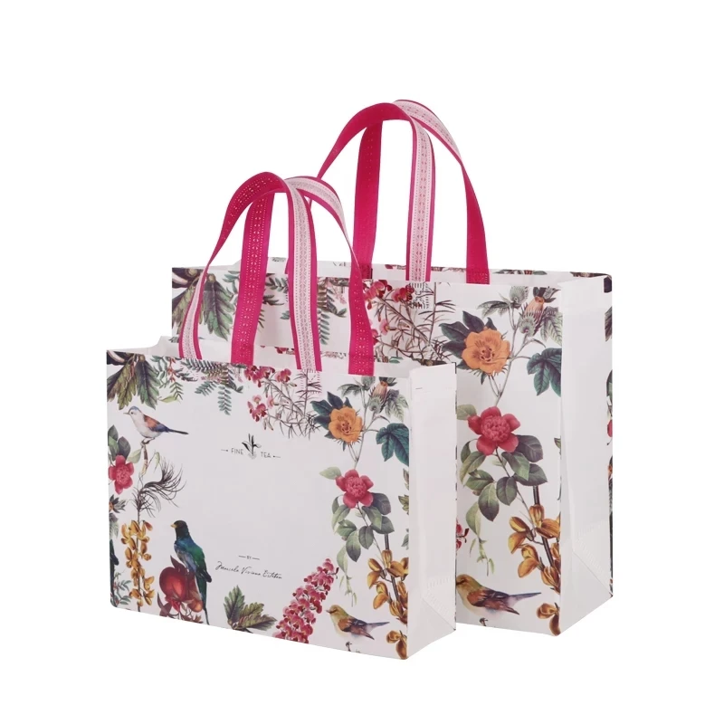 

Stock non woven white bags with flower and birds printing for cloth shop