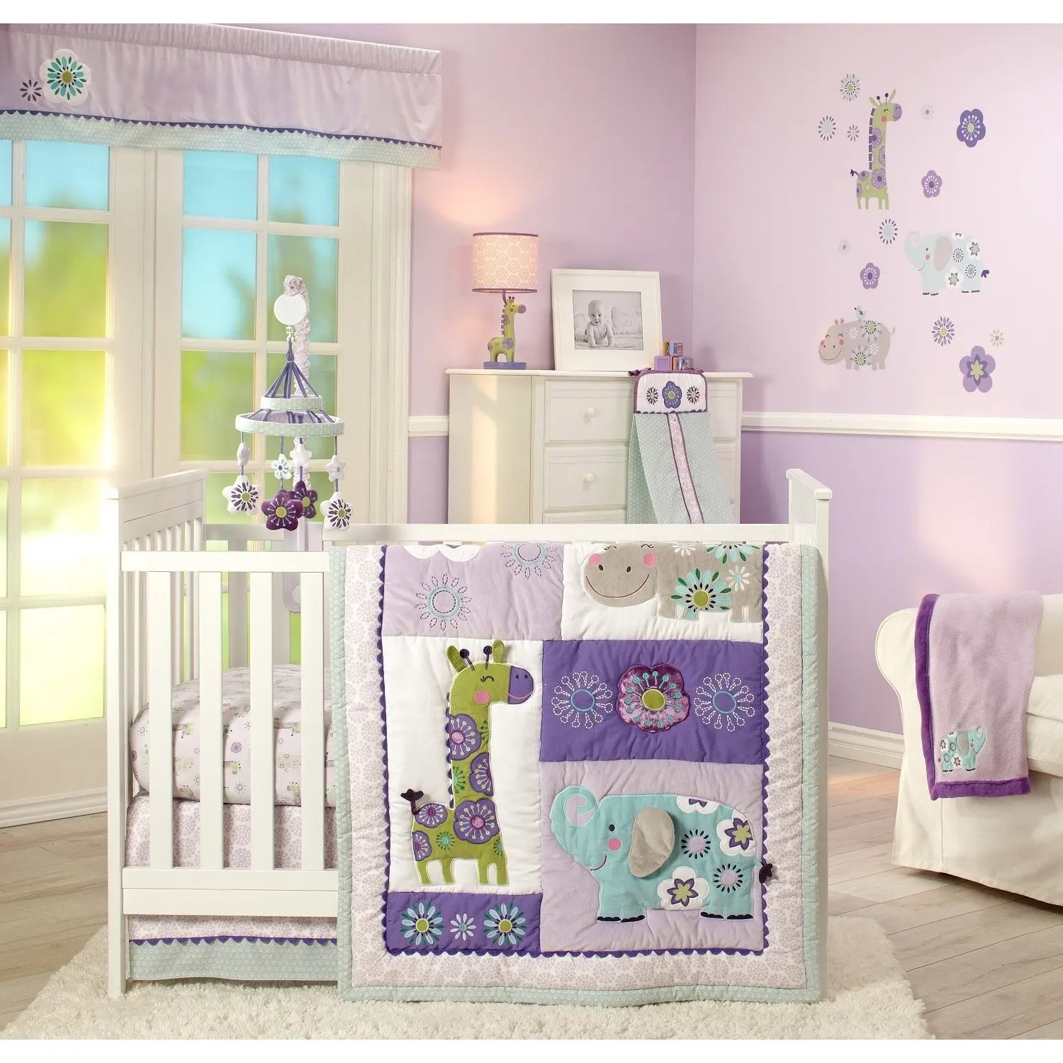 Buy 4 Piece Baby Girls Purple Pink Green Zoo Animals Crib Bedding Set