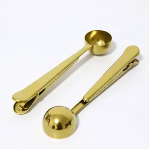 Image of Stainless Steel Gold Round Coffee Measuring Spoon With Bag Seal Clip