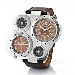 Oulm 9415 Brand Trendy Design Fashion Men Military Double Time Zone WristWatch Leather Band Compass Thermometer decoration Watch