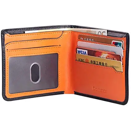 RFID Блокировка для мужчин S супер тонкий черная поверхность/оранжевый внутри дизайнер S кожаный бумажник из натуральной кожи