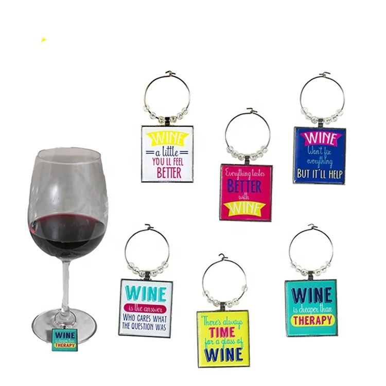 

New products wine accessories custom metal charms with epoxy stickers, Silver