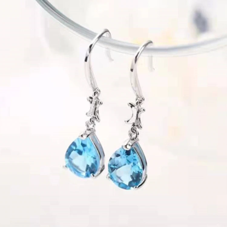 

crystal jewelry 18k gold plated 925 sterling silver natural topaz drop earrings for women cheap earrings made in china, Blue