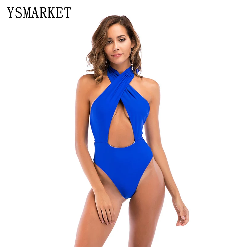 

Sexy Lady Hanging Neck Swimwear Summer Beach Women One-Piece Swimsuit Solid Color Swimwear, Can be customized