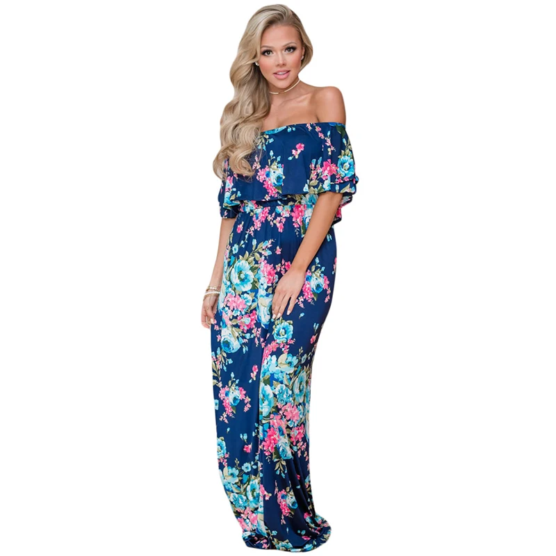 

Fashion Wholesale Flower Print Off Shoulder Long Boho Maxi Ladies Dress