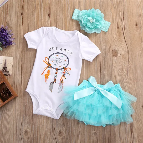 3Pcs/Set Newborn Infant Baby Girls Clothing Sets Cotton Dream Catcher Print Summer Romper+Shorts Bloomer+Headband Baby Set