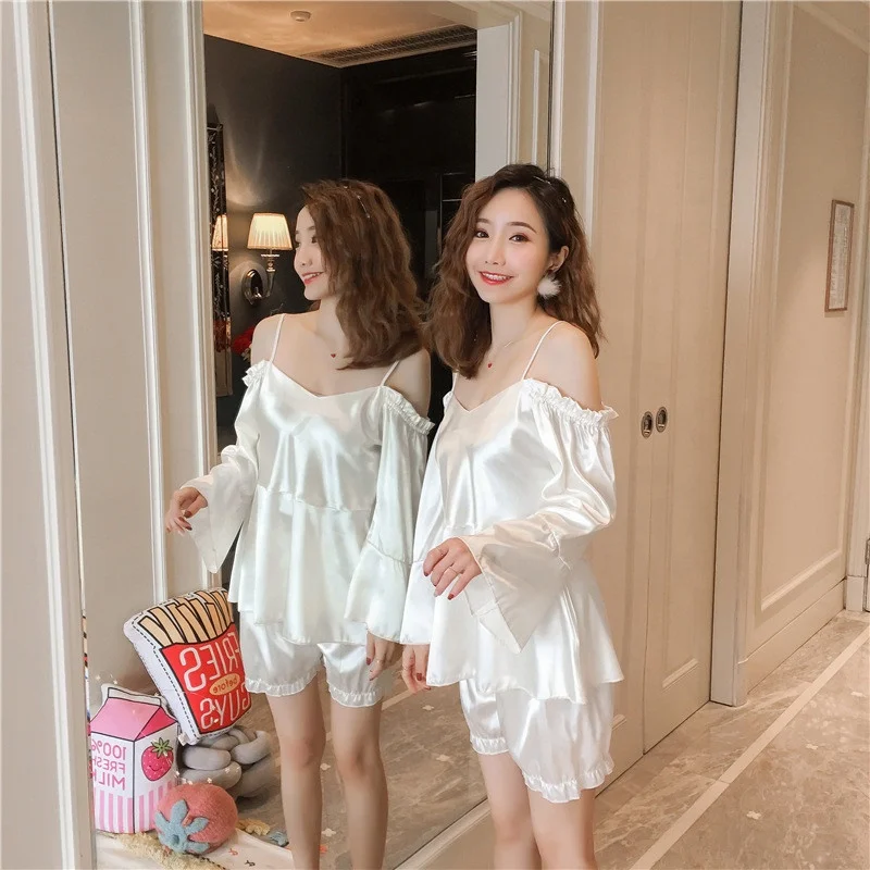 

New ladies ice silk sexy strapless strap long-sleeved shorts suit simulation silk pajamas, Bean red;wine red;light purple;milky white