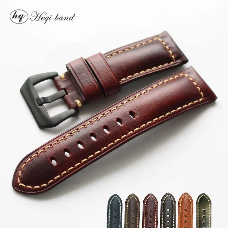 

Vintage Stainless Steel Buckle Genuine Leather watch band, Black red blue brown green coffee