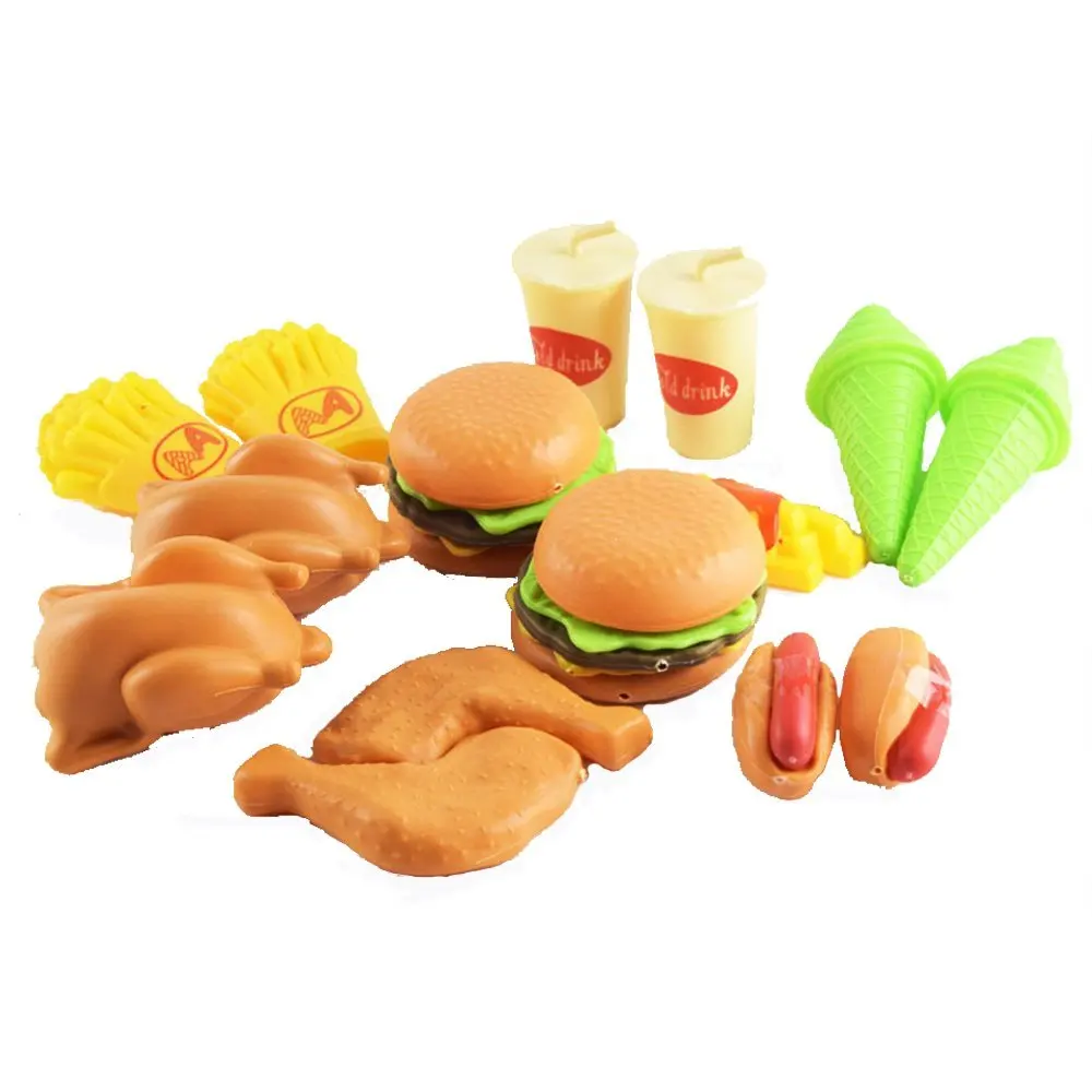 Kidcia 16 Pcs Pretend Play Fast Food Toy Set for Kids, Hamburge & Cola & Hot Dogs & Ice Cream & Chips & Fried Chicken & More