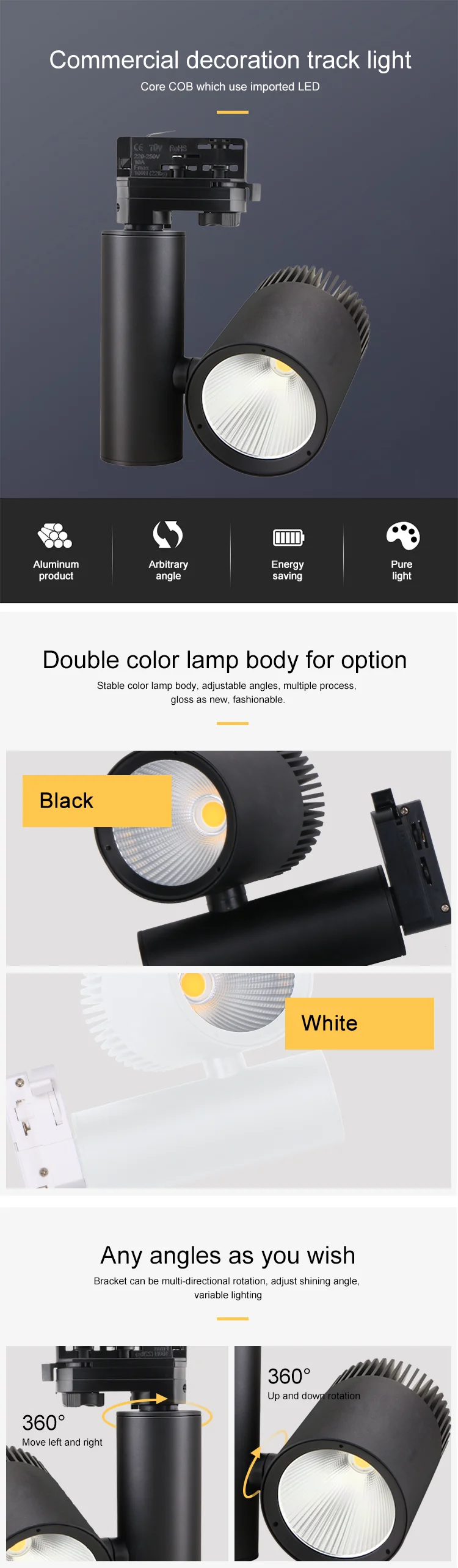 30w white and black cob EU standard indoorled track light