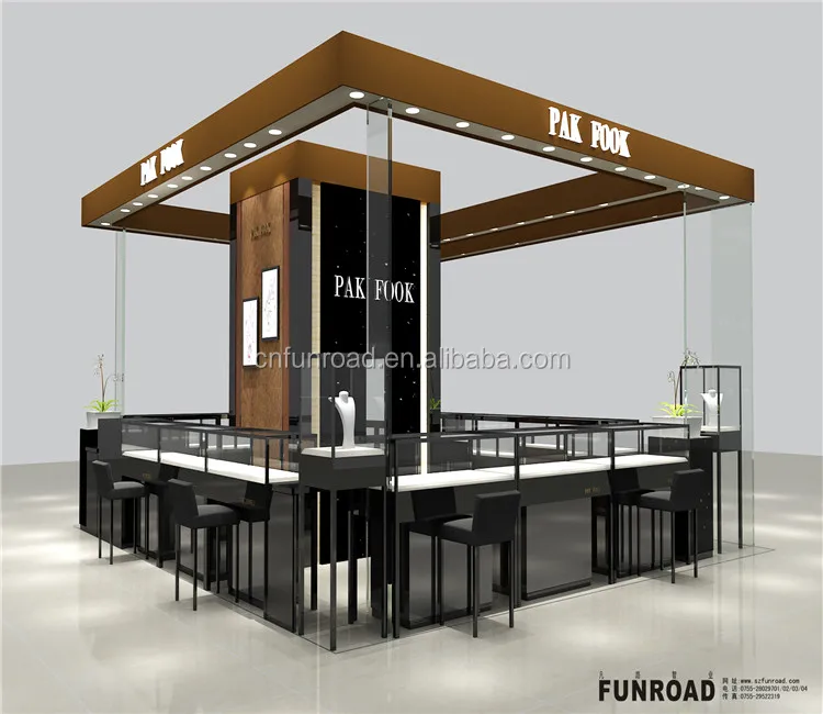 retail wood and glass interior decoration furniture display counter gold jewelry kiosk in mall design with light