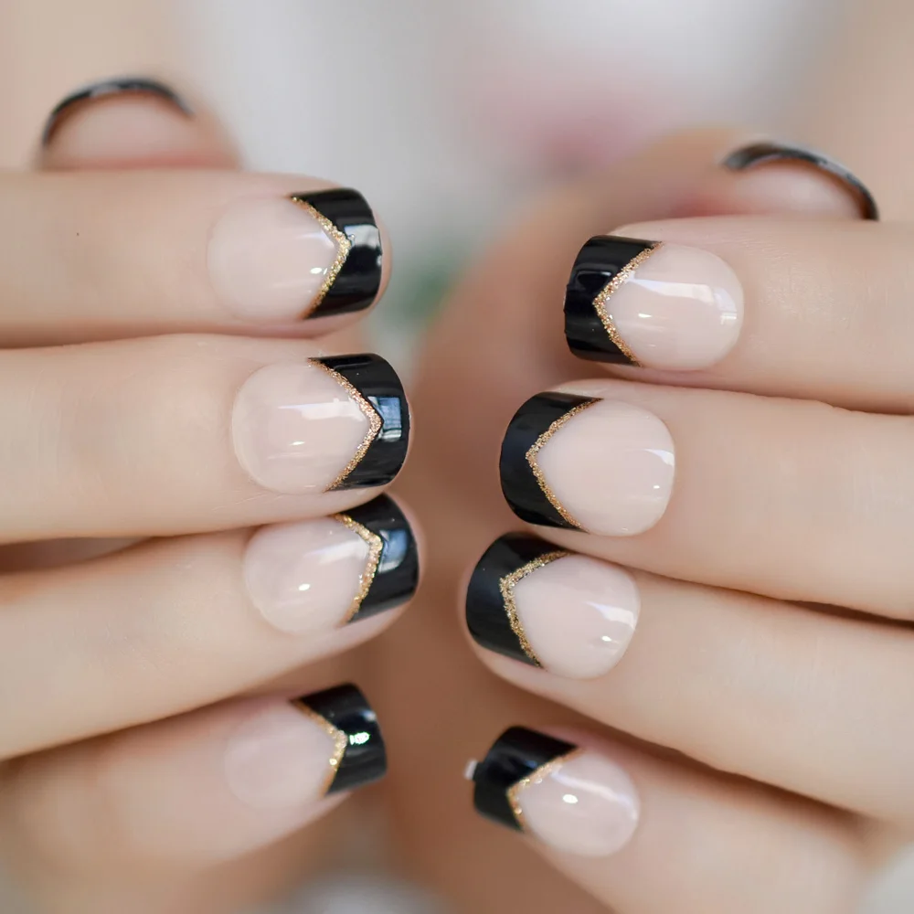 

French Nail UV Gel Black Tips Gold Glitter Angle Decorated Natural Fake Nails for Lady with Adhesive Tabs, Black + nude