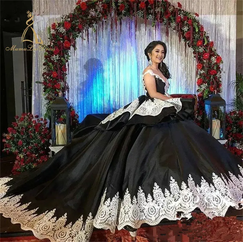 

Porcelain Peplum V Neck Ball Gown Satin Sweep Train 2019 Black Quinceanera Dress