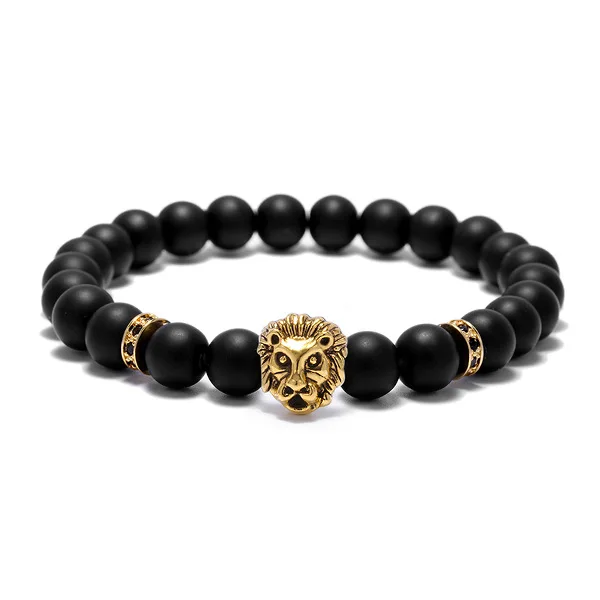

Free Style Male Bracelet Design Antique Silver Lion Head Charm Macrame Spacers Matte Onyx Black Agate Bead Bracelets