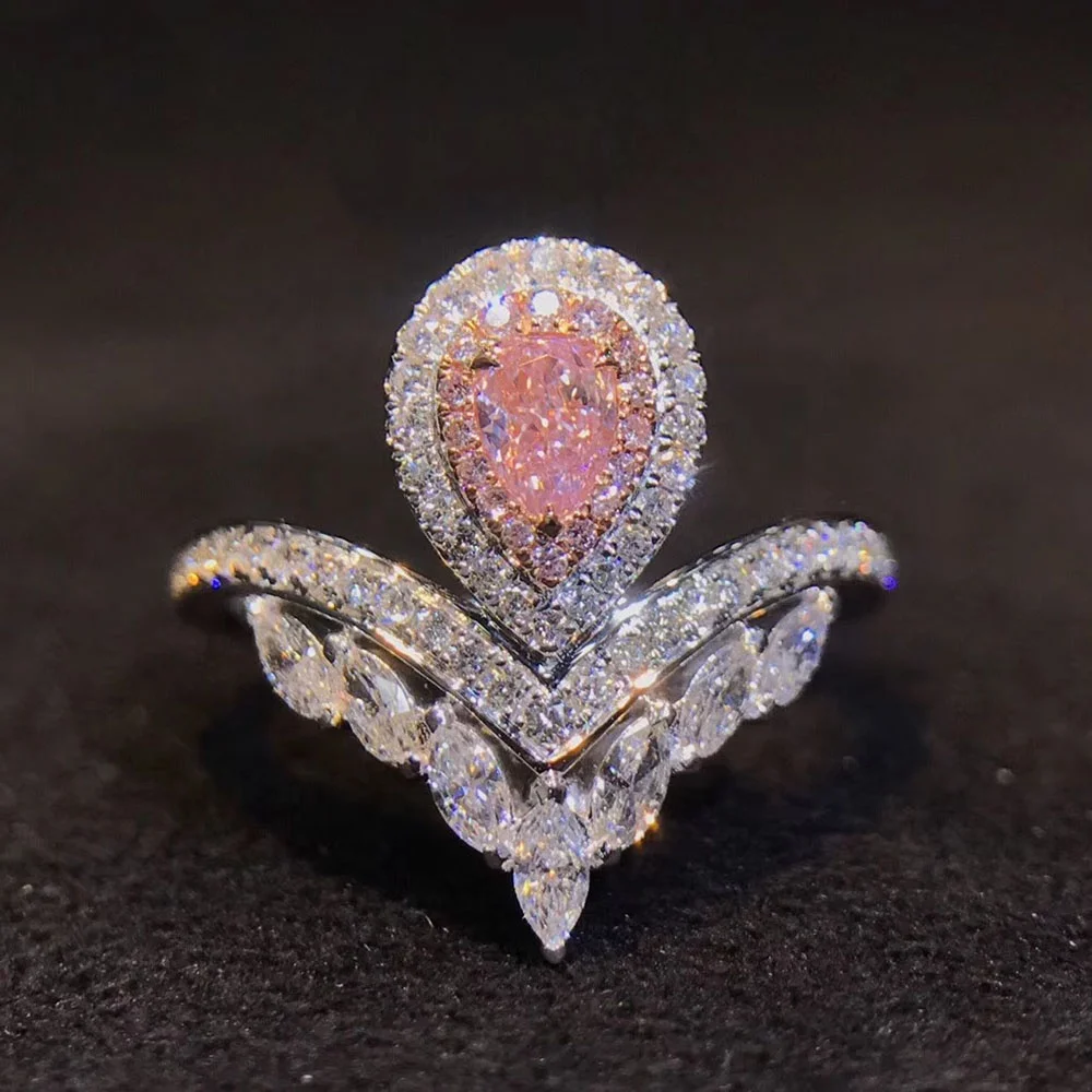 

925 Sterling Silver Jewelry Pear Shape Cut Pink Cubic Zirconia Diamond Mix Rose Gold Plated Rhodium Engagement Halo Ring