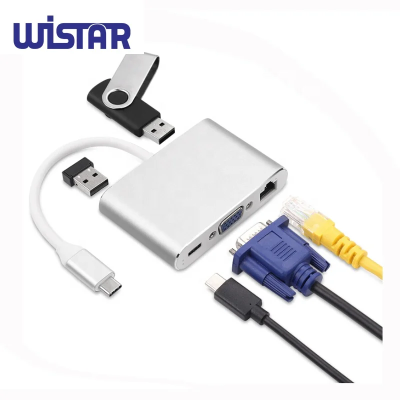 

WISTAR 5 IN 1 Type C HUB 5 in 1 Type-c to VGA+USB3.0+LAN card USB3.1 to HUB, Silver