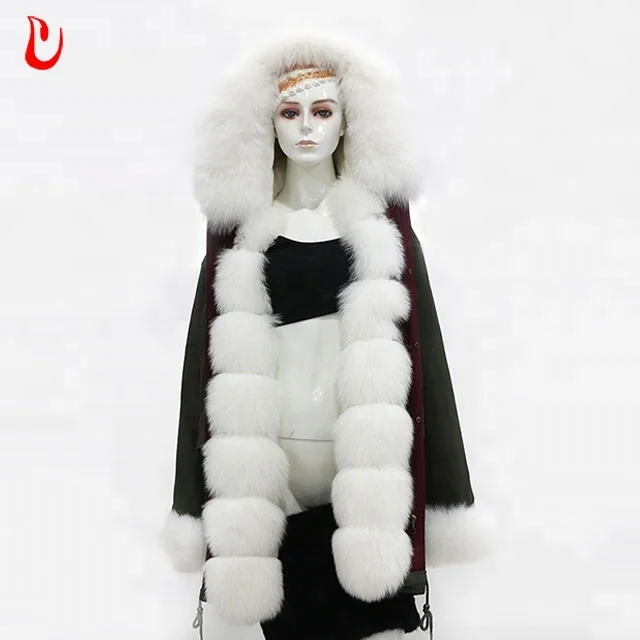 

Fashion Fur Womens Parka Jacket Real Rex Rabbit Fur Lined Parka / Womens Winter Coats with fox Fur Hood