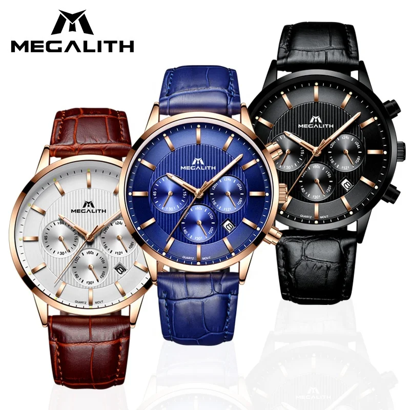 Megalith Hot Sale Fashion Blue Watch Top Brand Luxury Men's leather band Watches Business Quartz Wristwatch