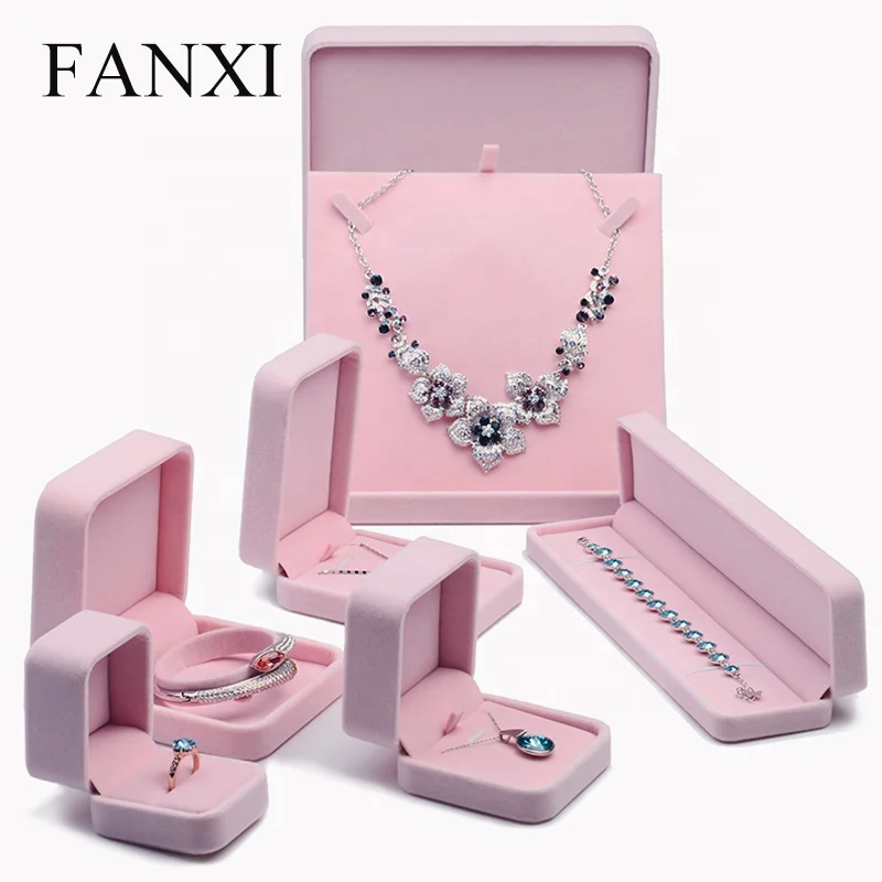 

FANXI Wholesale Custom Logo Plastic packaging boxes For necklace bracelet watch jewellery gift packaging Pink Velvet Ring box, N/a