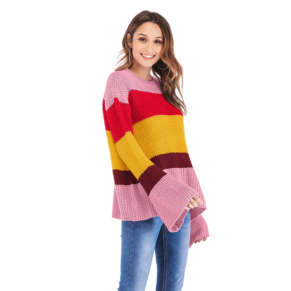 

women's three-color patchwork long-sleeved loose pullovers sweater