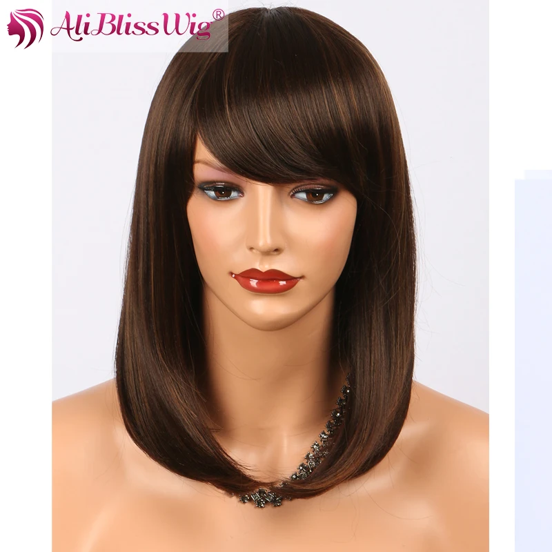 Cheap 14 Bob Wig With Bangs Brown #4 with Highlights #30 None Lace Full Machine Made Short Hair Synthetic Wigs for Women