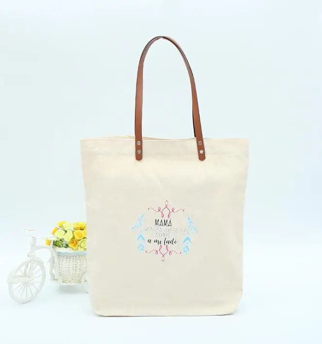 

canvas tote bag shopping with leather handles, Colorful