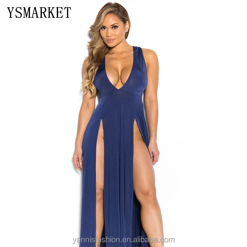 

Summer Women Maxi Dress Robe Sexy Club Ladies Party Dresses Deep V Sundress Split Pink Red White Black Long Dress EA2-3