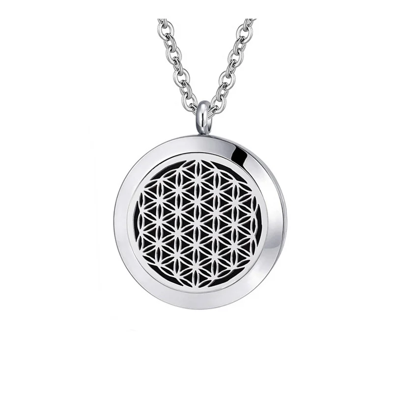 

Wholesale 30mm/25mm/20mm sacred geometry flower design 316L stainless steel aromatherapy essential oil diffuser necklace