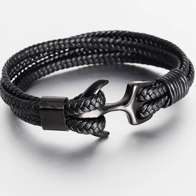 

New Trendy Nautical Jewelry Custom Handmade 316l Stainless Steel Anchor Braided Woven Genuine Leather Bracelet Men, 5 colors