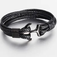 

New Trendy Nautical Jewelry Custom Handmade 316l Stainless Steel Anchor Braided Woven Genuine Leather Bracelet Men