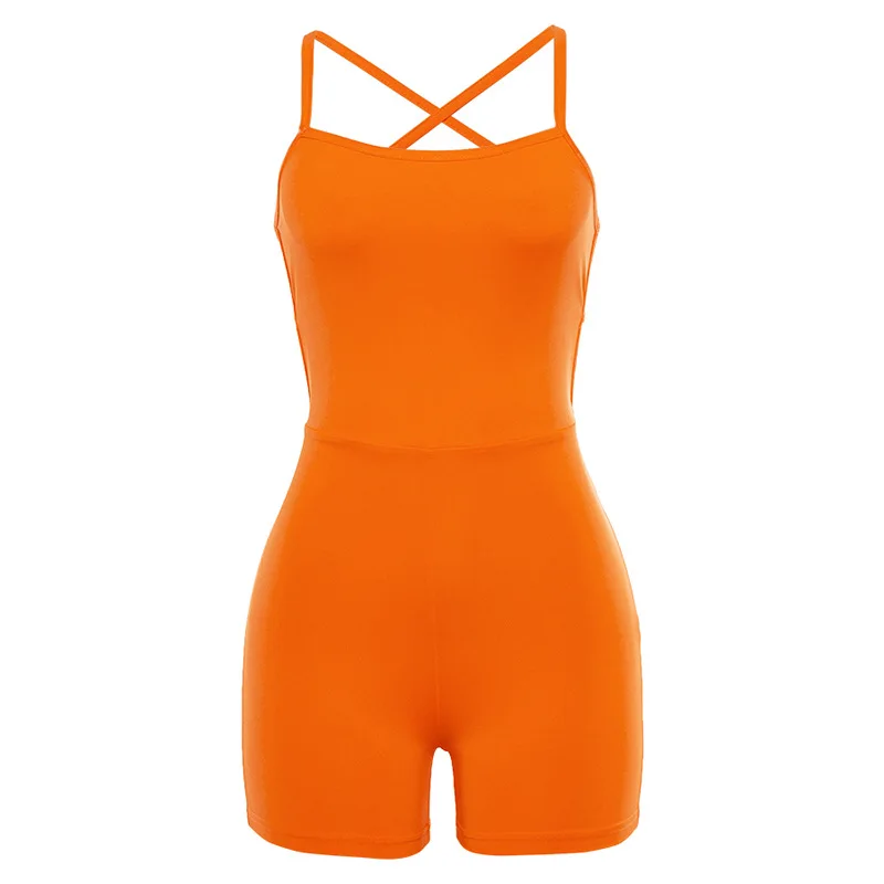 

Fashion Neon Pink Backless Playsuits Casual 2019 Summer Sexy Straps Sleeveless Bodycon Jumpsuit Chic Streetwear
