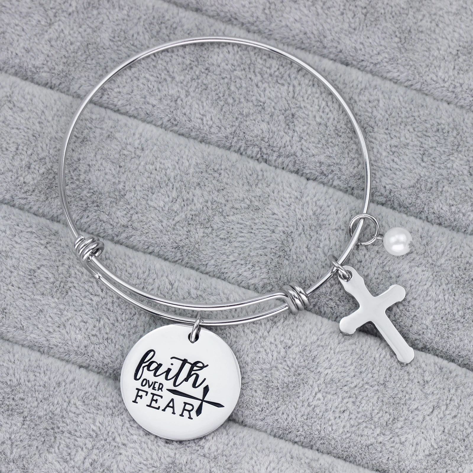 Faith Over Fear 316l Stainless Steel Silver Cross Bangle Engraved