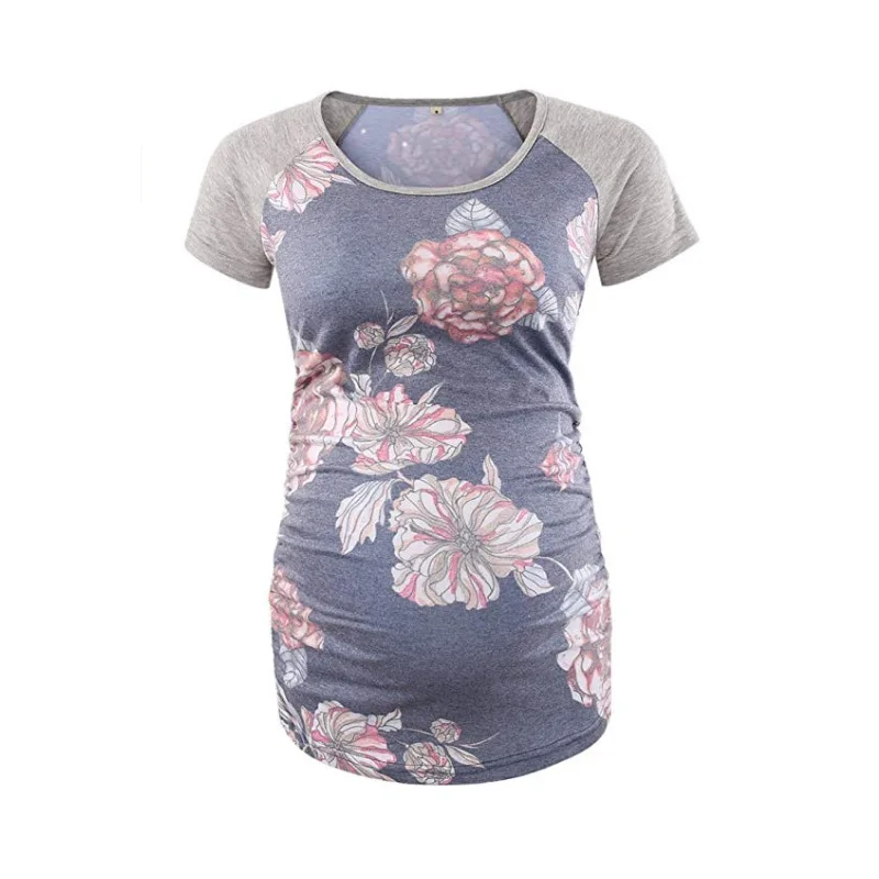 

Custom wholesale Women's Crew Neck Flower Print Raglan Sleeve Maternity long sleeve T-Shirt
