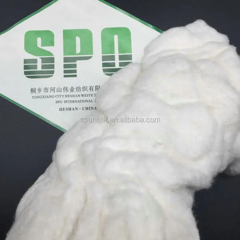 
China manufacturer tussah silk noil fiber ,sari silk waste wholesale for hand spinning and emboridery silk thread, from SPO 