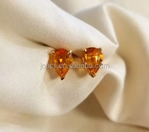 Genuine Natural Citrine Solitaire Stud Earrings Pear Shape Gemstone 14K White Yellow Gold With Joalheria