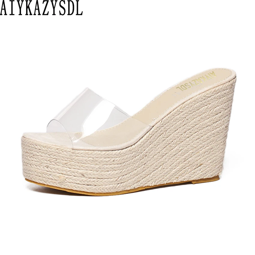 

AIYKAZYSDL Women Slippers Mules Clear Transparent Wedge Sandals Cane Hemp Rope Straw Thick Sole Bottom Shoes Platform High Heels