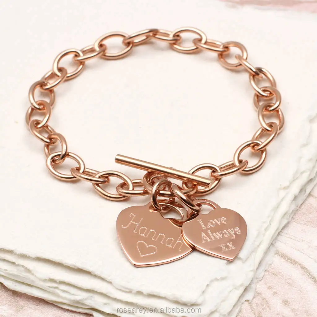 Personalised 18k Gold Plated Stainless Steel Rose Heart Coin Personalised 18k Gold Plated Stainless Steel Rose Heart Coin Disc Initial Engraved T Bar Clasp